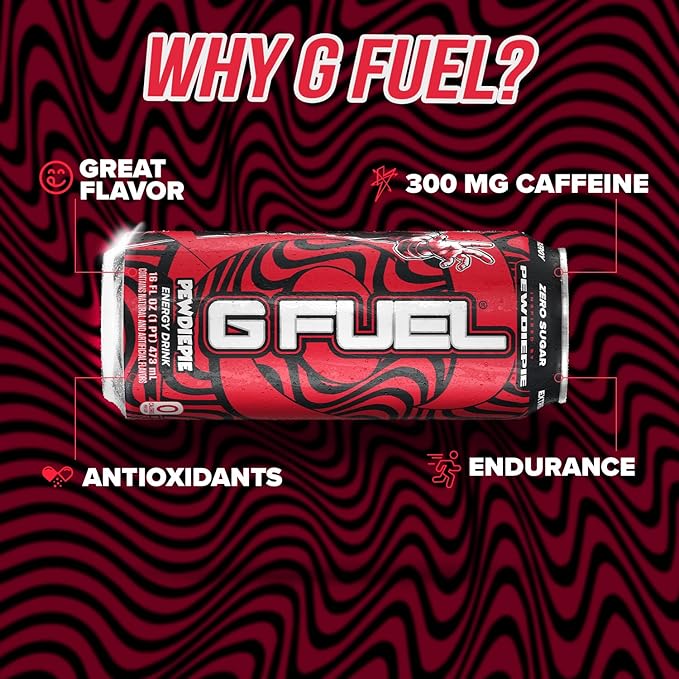 G Fuel Energy Drink, Lingonberry, Sugar Free Beverage with 300mg Caffeine, Daily Energy Boost with Focus Amino, Vitamin + Antioxidants, 16 oz Cans (PewDiePie, 12-Pack)