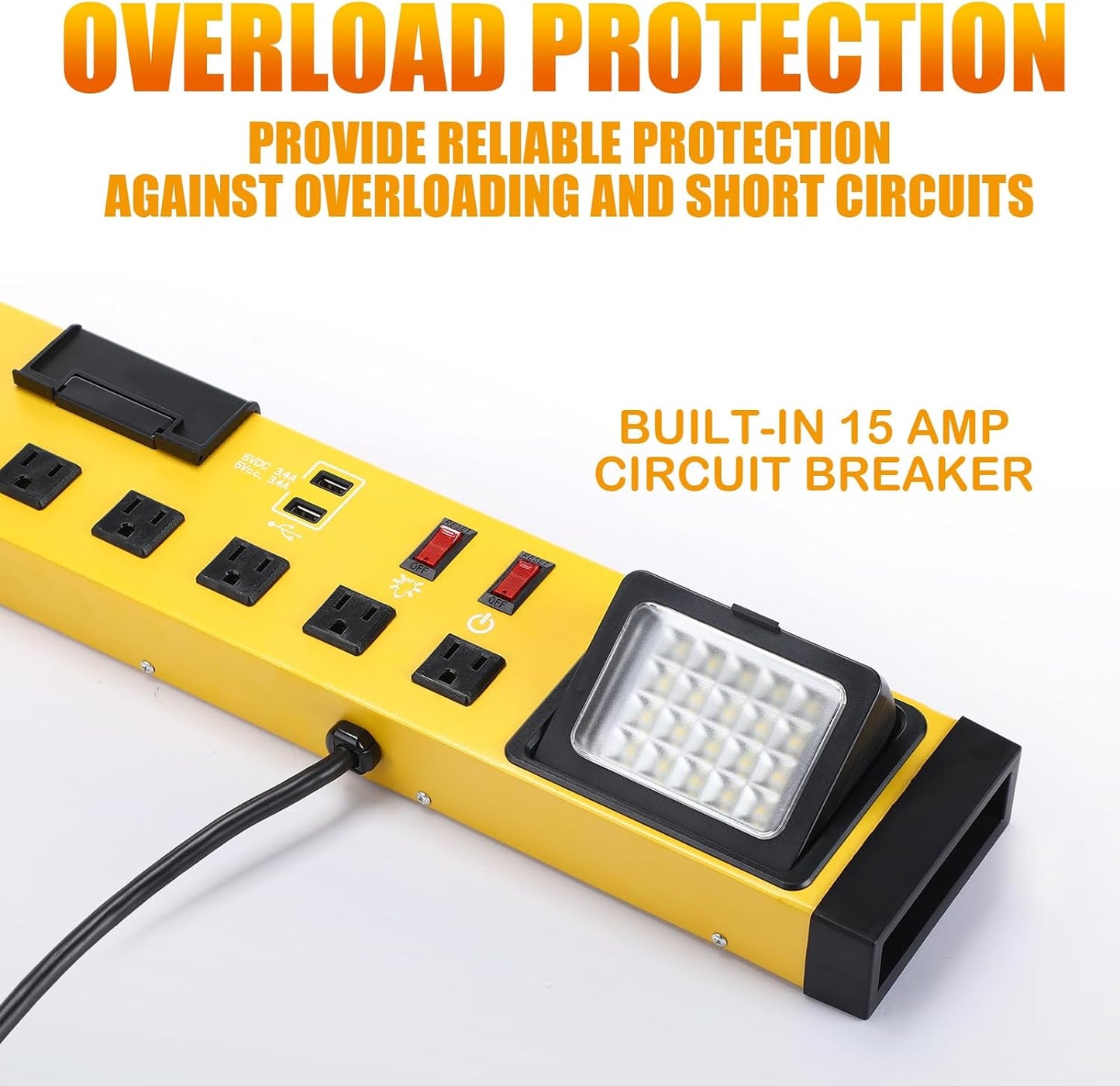 6 Outlets Power Strip with LED Worklight, Metal Heavy Duty Wall Mount Workbench Power Strip with 6FT 14/3 AWG Cord, 2 USB Ports, 15A Circuit Breaker for Home Office Garage Workshop