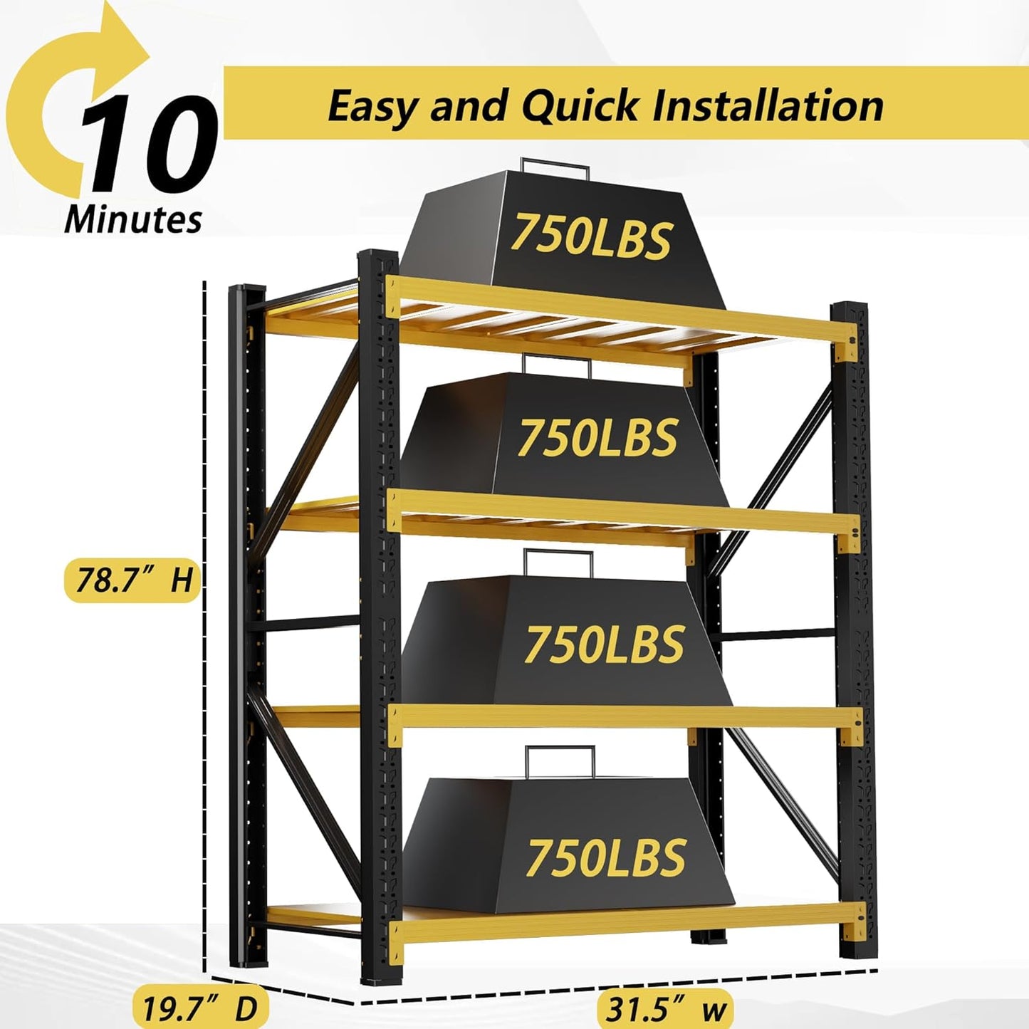 3000LBS Garage Shelving 32" W Garage Shelving Heavy Duty 4-Tier Metal Storage Shelves Adjustable Shelf Unit Storage Rack for Basement Supermarket Warehouse 32" W x 20" D x 78" H Yellow