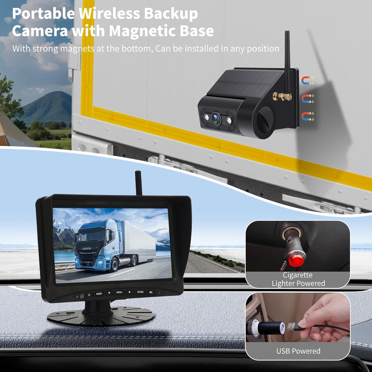 Solar Wireless Backup Camera Magnetic, 7 Inch Portable Installation RV Backup Camera, 1080P HD Rear View Camera, Rechargeable 7'' Monitor Kit for Car, IR Night Vision, 150° Wide Angle, DIY Guide Lines