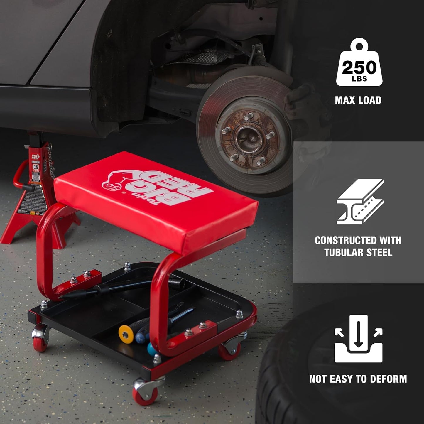 Big RED 250lb Red Rolling Automotive Creeper Garage/Shop Seat: Padded Mechanic Stool with Tool Large Tray Suitable for garages, Repair Shops