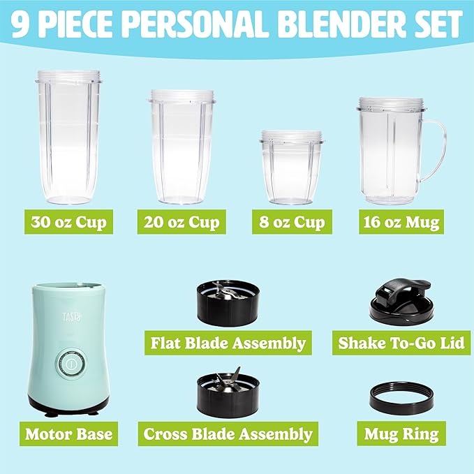 Personal Blender With Cup, 350W Powerful Blending Motor, 9-Piece Set With 4 Cups & Travel Lid, Compact & Portable, Aqua