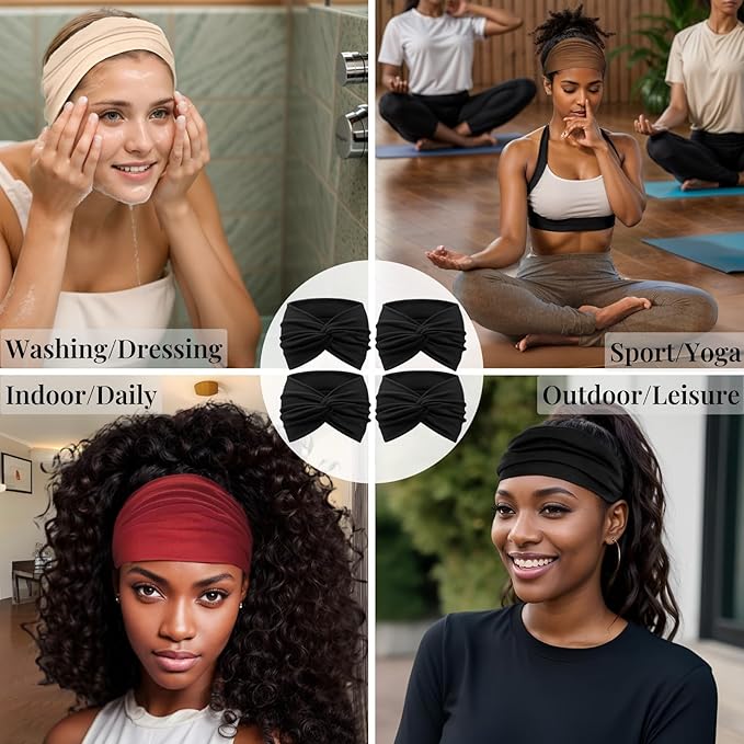 Wide Headbands for Women Yoga Running Sports Headhand Bandana Boho Non Slip Sweat Head Bands Accessories 4 Pack