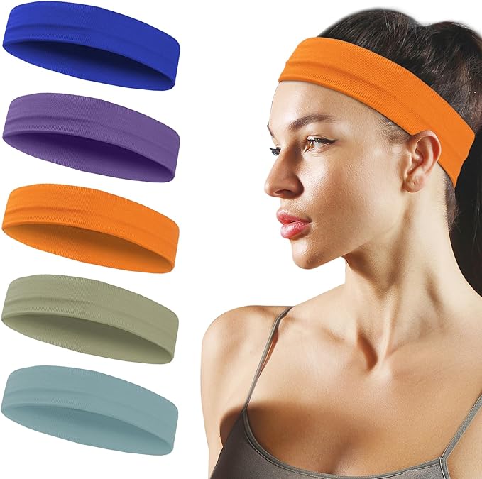Sports Headbands for Women, 5 Pack Moisture Wicking Non Slip Sweatbands Fashionable Hairbands for Workout Yoga Running Gym