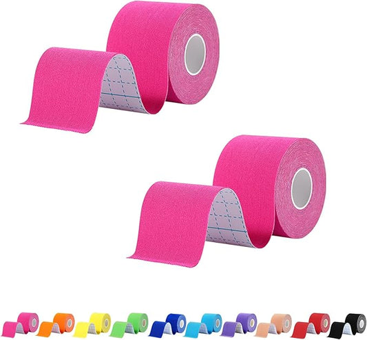 Pro Synthetic Kinesiology Tape 2 Rolls, Athletic Sports Tape for Muscle Joint Support, Pain Relief for Knee Elbow Wrist Ankle, 2 in x 16.4 Ft, Pink