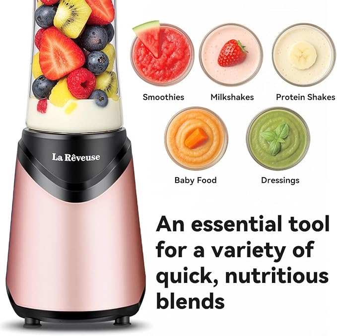 La Reveuse Smoothie Blender Personal Size 300 Watts with 2 Pieces 18 oz BPA-free Travel Sports Bottles,Pink