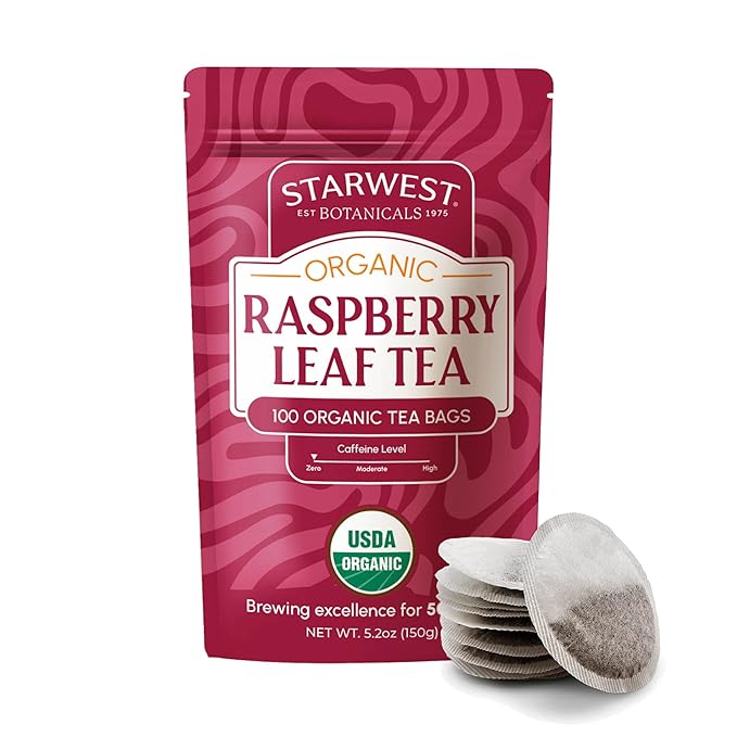 Starwest Botanicals Organic Raspberry Leaf Tea - Caffeine Free Herbal Tea, Supports Wellness for Women, String Free Sachets, USDA Organic Raspberry Leaf, Non GMO - Bulk Pack, 100 Tea Bags