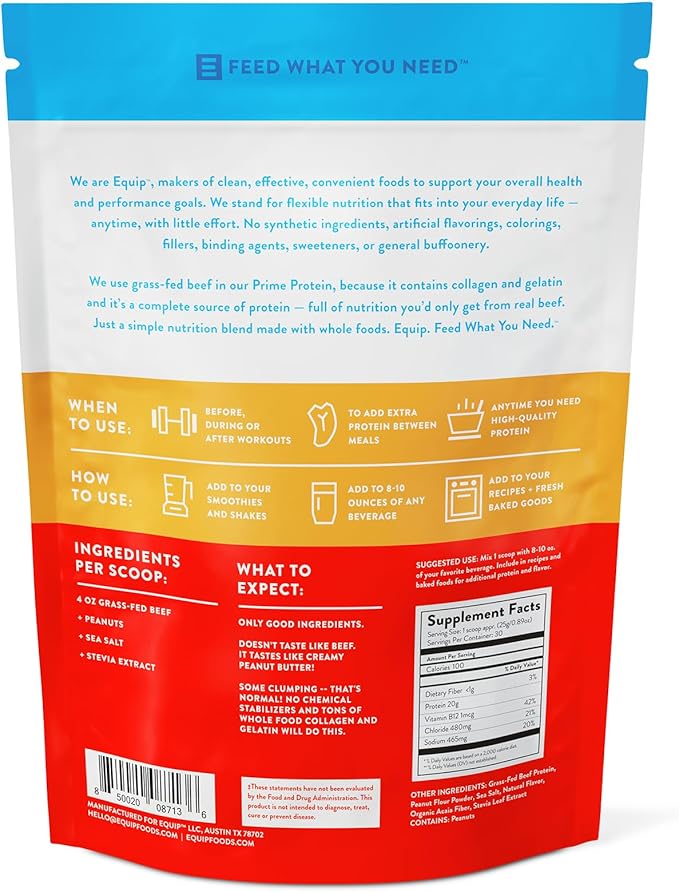 Equip Foods Prime Protein Powder | Clean, Grass Fed Beef Protein Powder for Women & Men | Carnivore Protein Isolate | Paleo, Keto Friendly | Gluten & Dairy Free | 30 Servings, Peanut Butter