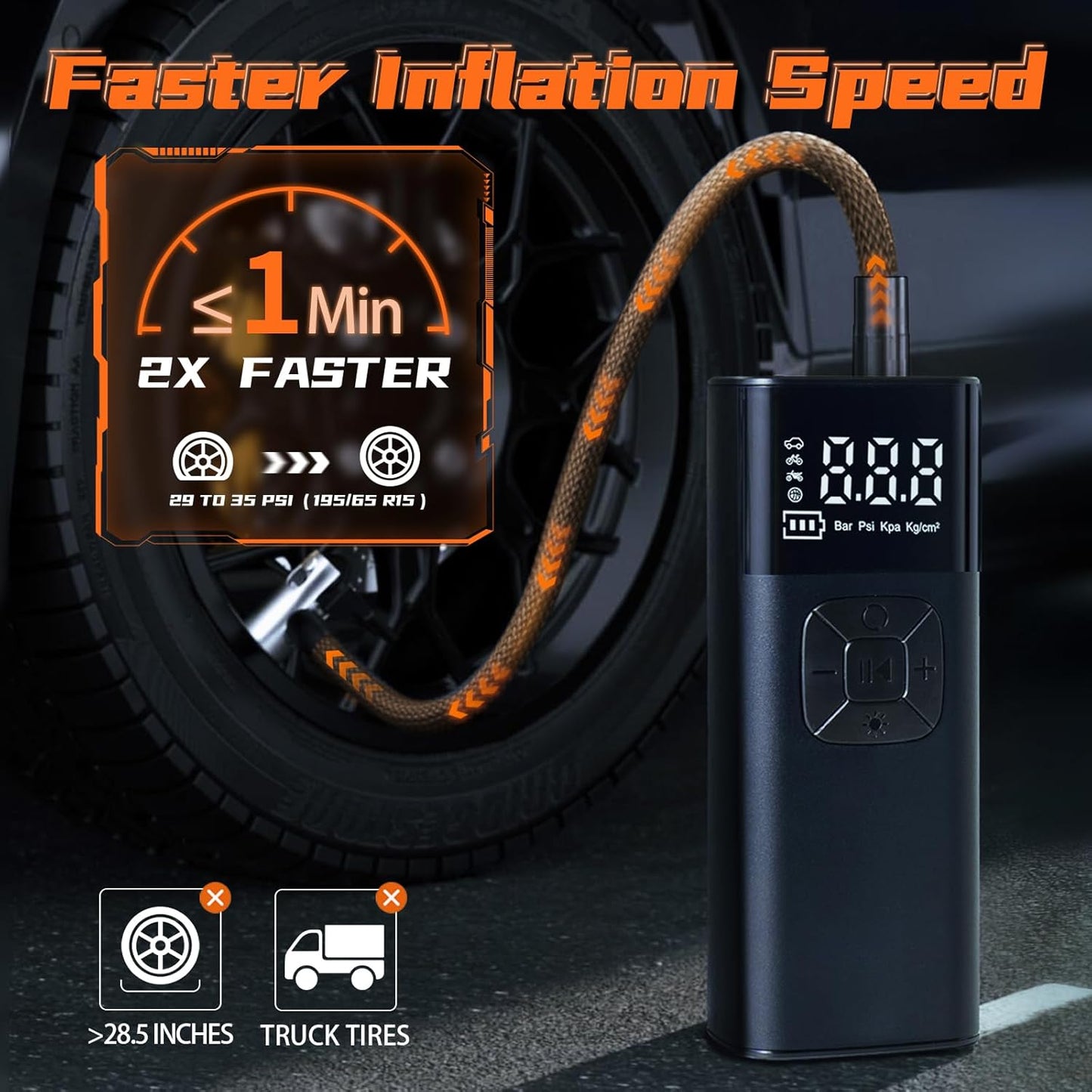 Tire Inflator Portable Air Compressor - Portable Air Pump for Car Tires 10000mAh 150PSI & 12V DC Cordless 4X Faster Inflation for Car, Motorcycle, Bike, Ball, with Digital Gauge, Dual-Use Type