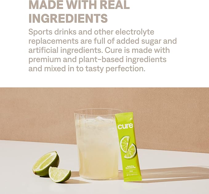 Cure Hydration | Plant-Based Electrolyte Drink Mix | No Added Sugar | FSA-HSA | Dehydration Relief Powder Made with Coconut Water | Non-GMO | Vegan | Pouch of 14 Packets - Lime
