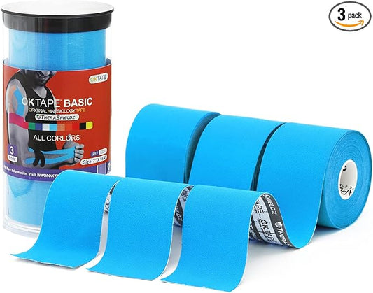 OK TAPE Regular Kinesiology Tape (3 Pack), Original Cotton Athletic Tape for Support Muscle Joint Knee, Sports Waterproof Tape Uncut Strips Latex Free, Hypoallergenic, 2in×16.4ft - Light Blue