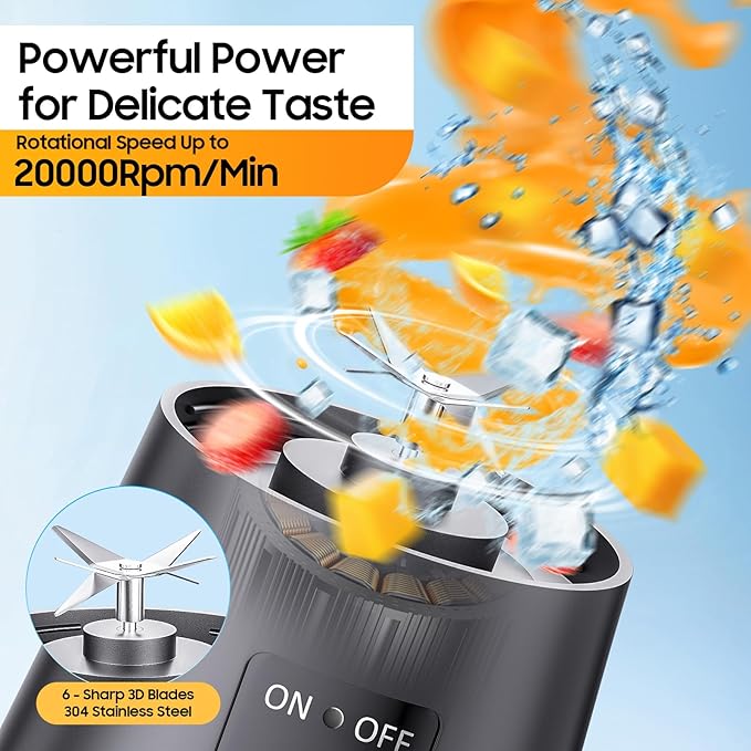 Personal Blender for Shakes and Smoothies - 2025 New Upgrade Cordless Portable Blender USB-C Rechargeable, 380Ml BAP Free Juice Cup, 6 Blades Freshly Squeezed for Picnic/Sprots, 20000Rpm/Min Speed