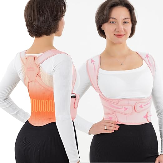 Back Brace Posture Corrector for Women and Men with Heating Pad, Adjustable Full Back Support Brace, Back Heating Pad for Pain Relief -Hunchback, Spine Corrector (Pink, Medium)