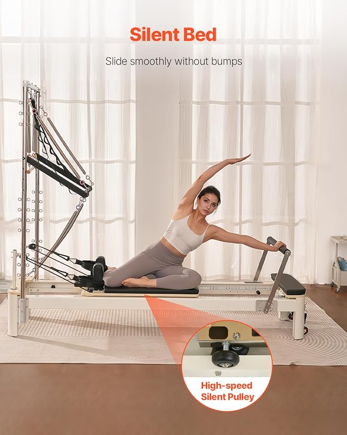 VEVOR Pilates Reformer Machine, Pilates Workout Equipment for Home Gym Studio Use, Pilates Bed with Dual Resistance- Spring & Cord, Reformer Set, Up to 400 LBS