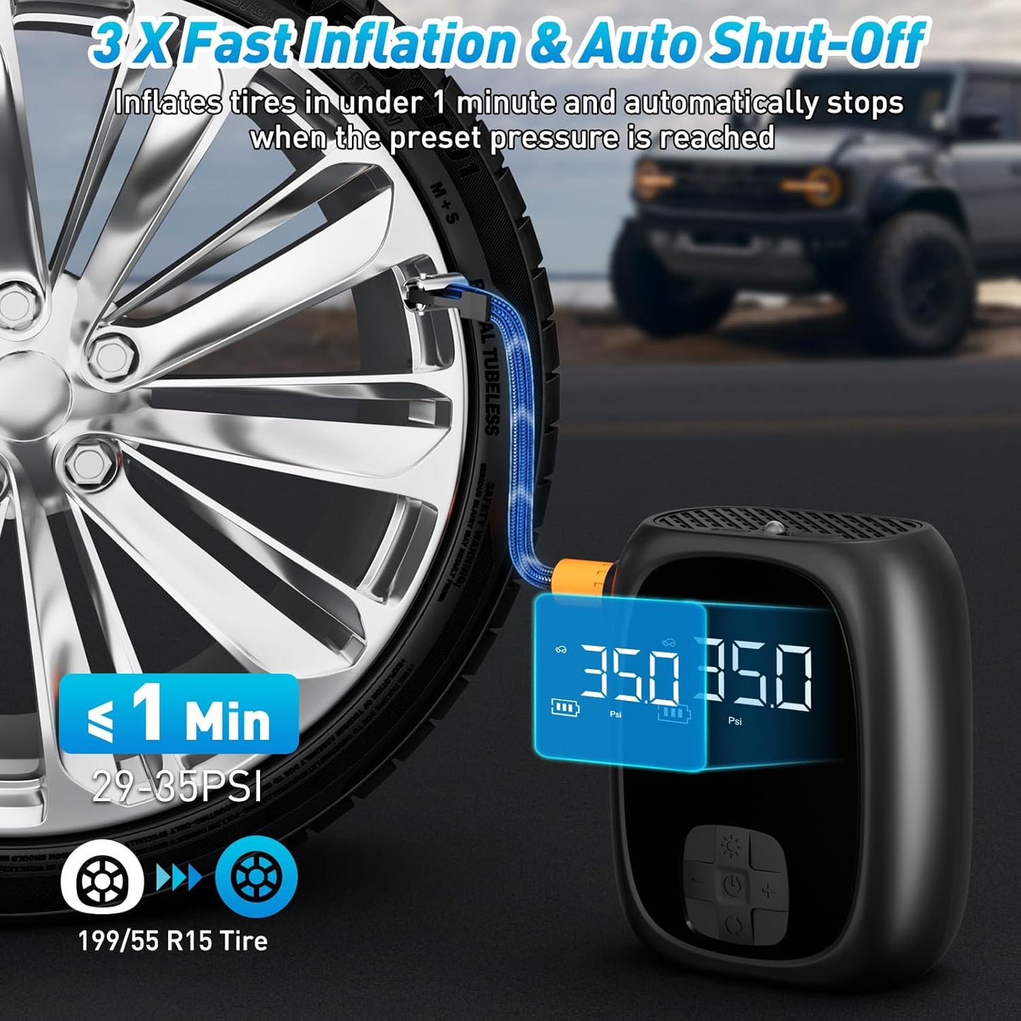 Tire Inflator Portable Air Compressor – Fast Inflation, Auto Shut-Off & LED Display | High-Power Air Pump for Car, Motorcycle & Bike Tires, USB Rechargeable & Compact Design, Gifts for Men
