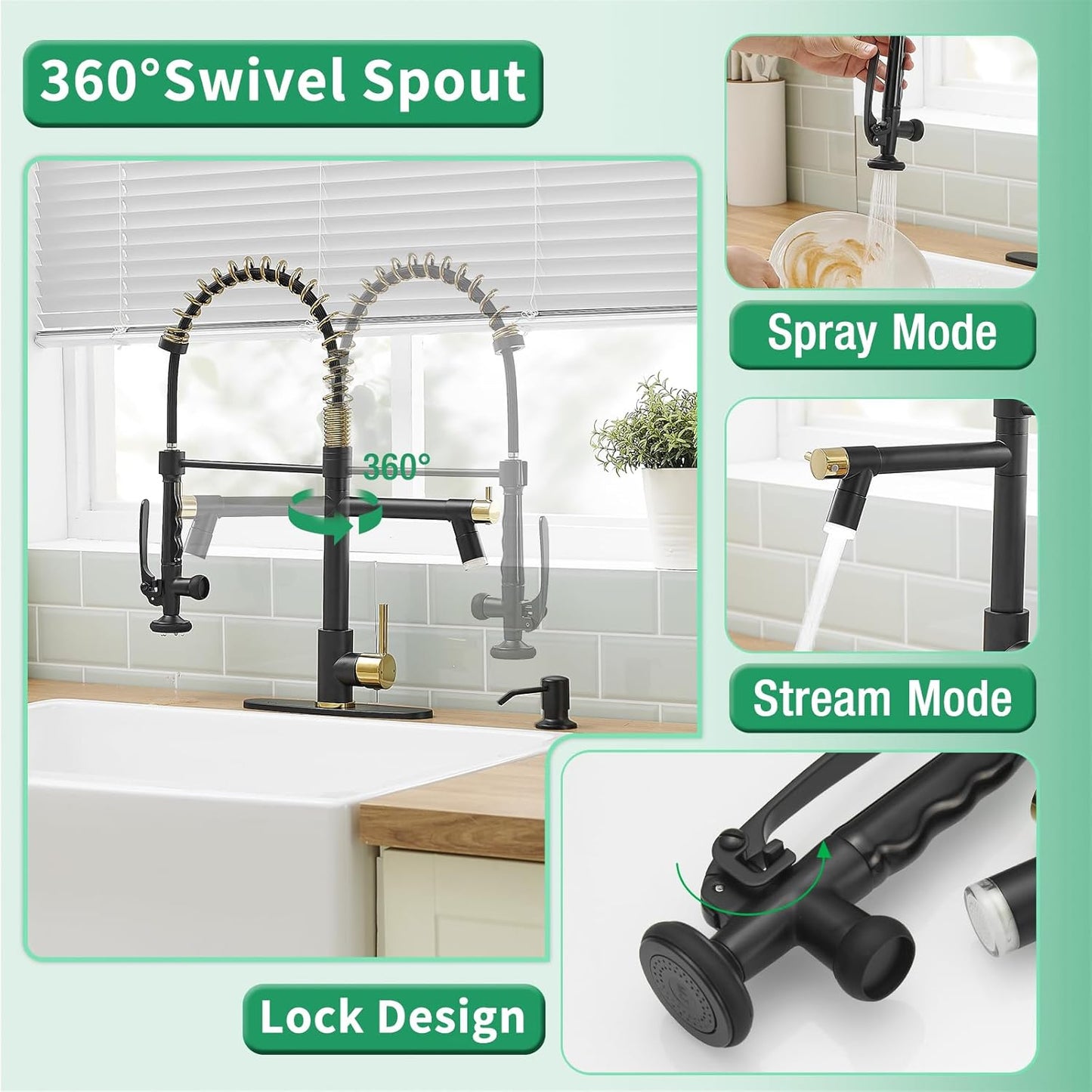 Fapully Commercial Kitchen Faucets with Pull Down Sprayer Matte Black&Gold LED Kitchen Faucet with Soap Dispenser and Deck Plack for 4 Hole, Single Handle Faucet for Kitchen Sink