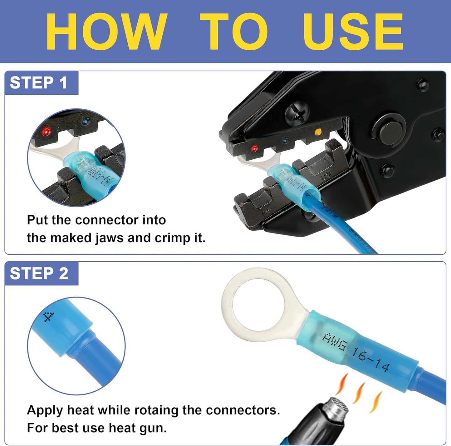 haisstronica Crimping Tool For Heat Shrink Connectors-AWG 22-10 Ratchet Wire Terminal Crimper-Ratcheting Crimper Tools-Available For Insulated Nylon Connectors and Electrical Wire Connectors HS-8327