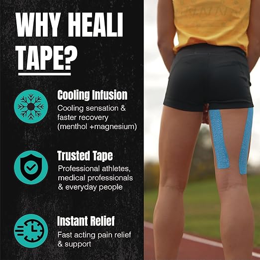 Heali Kinesiology Tape with Magnesium and Menthol, 20 Pcs Precut Strips, K Tape Roll, Knees, Physical Therapy Sports Tape for Muscle and Joint Pain Relief, Water Resistant, Blue Inspo