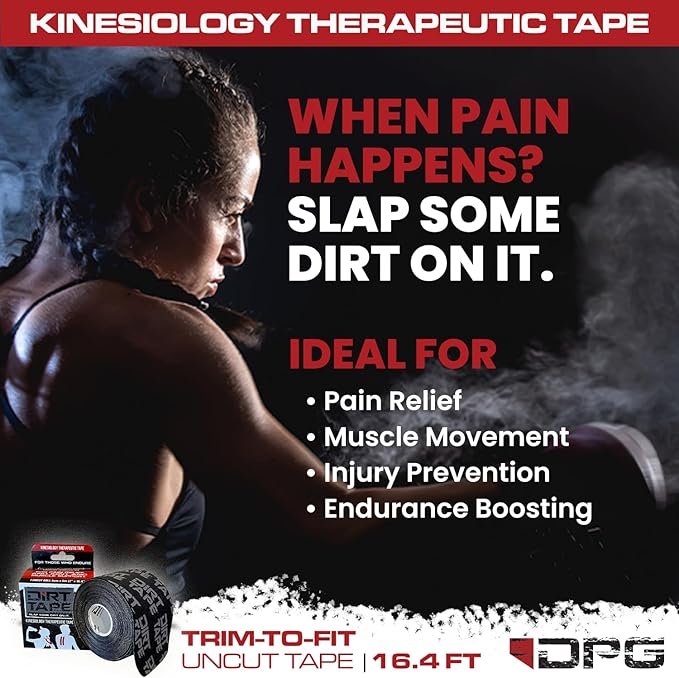 DIRT Tape-Athletic Kinesiology Tape-Muscle Pain Relief & Joint Support-Premium Elastic Cotton-Latex-Free-Water Resistant-Gym, Indoor & Outdoor Sports-2 Uncut roll (16.4 ft)-Grey w/Logo