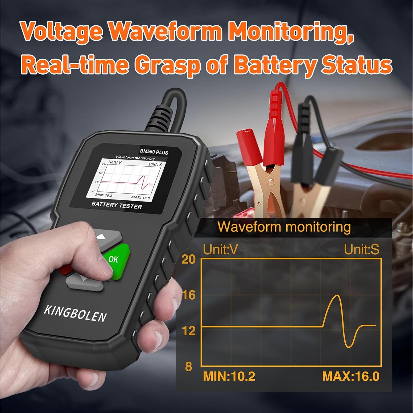 KINGBOLEN BM550 Plus 6V-24V 100-2000 CCA Car Battery Tester, Voltage Waveform Analyzer for Cars Trucks SUV Motorcycle
