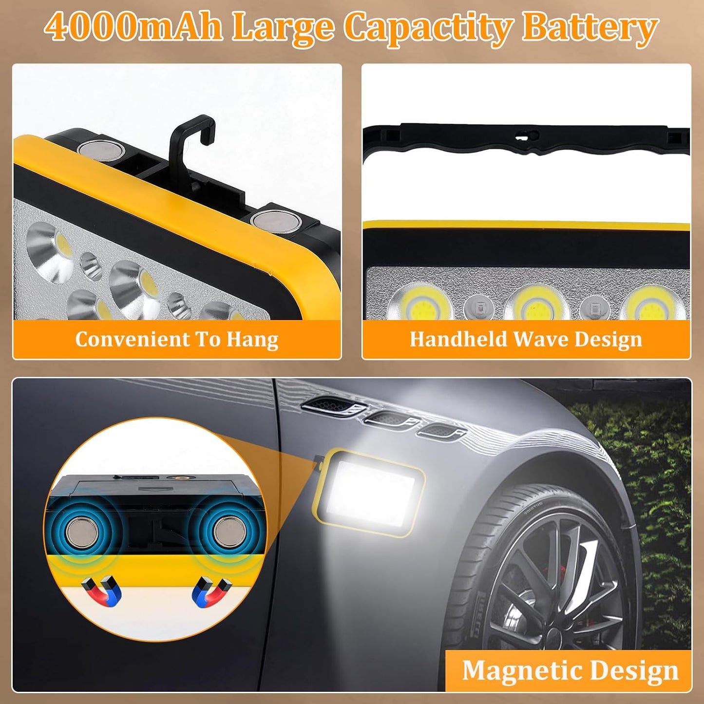 4 Pack Work Light Portable COB LED Super Bright Rechargeable Flood Light Working Lamp Stand USB Cordless Battery Powered Worklight Tool for Outdoor Camping