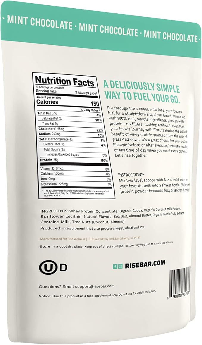 Rise Grass-Fed Whey Protein Powder - Mint Chocolate | 25g Protein No Artificial Flavors, Colors, or Preservatives - Sugar Free, Gluten-Free, Soy Free (2.4 lbs)