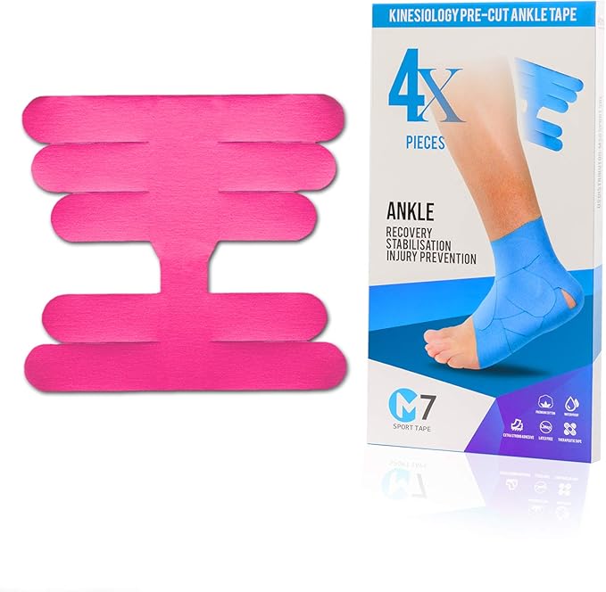 M7 Sport Kinesiology Ankle Tape for Ankle Sprain and Injury Recovery, Pain Relief Therapeutic Tape, Ankle Brace Compression Support, Plantar Fasciitis, Waterproof, Eases Swelling (Pink, 4-Pack)