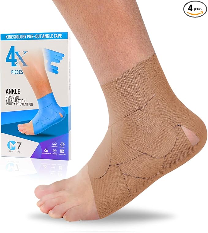 M7 Sport Kinesiology Ankle Tape for Ankle Sprain and Injury Recovery, Kt Tape for Ankle, Pain Relief Therapeutic Tape, Plantar Fasciitis, Waterproof, Eases Swelling (Beige, 4-Pack)