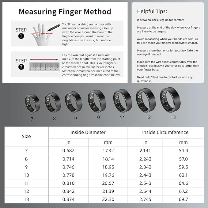 Smart Wellness Ring, Stylish Fitness Tracker with Heart Rate, Blood Oxygen, Blood Pressure, Sleep & Step Monitor. IP68 Waterproof, No Subscription, iOS & Android Compatible (Black, 9)