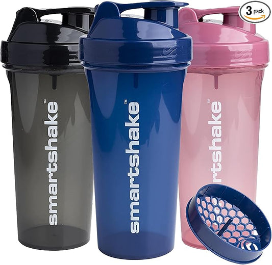 Smartshake Glossy 3-Pack Lite Protein Shaker Bottle 800 ml | 27 oz - Leakproof Screw-on Lid - BPA Free – Unisex - (Black, Deep Rose, Navy Blue)