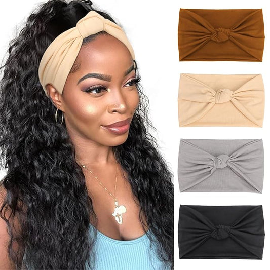DRESHOW 4 Pack Turban Headbands for Women Wide Vintage Head Wraps Knotted Cute Hair Band Accessories