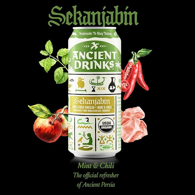 ANCIENT DRINKS Apple Cider Vinegar Beverage with Electrolytes, Vitamins, & Probiotics, Organic, Super-Hydrating Sports Drink - Sekanjabin (Mint & Chili) - 16 fl oz (12 cans)