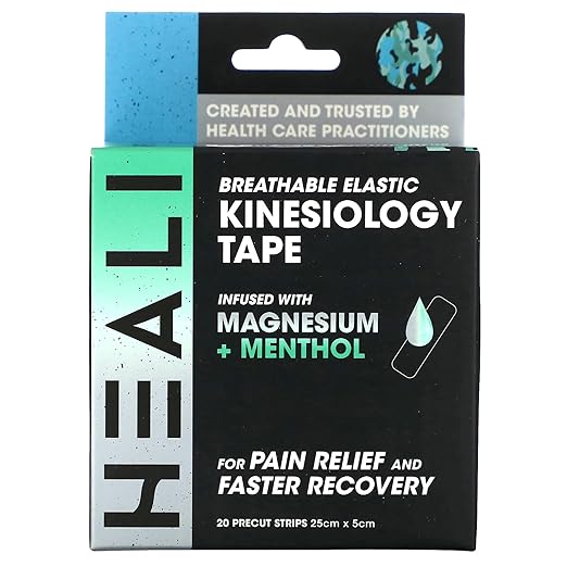 Heali Kinesiology Tape with Magnesium and Menthol, 20 Pcs Precut Strips, K Tape Roll, Knees, Physical Therapy Sports Tape for Muscle and Joint Pain Relief, Water Resistant, White with Blue Camo