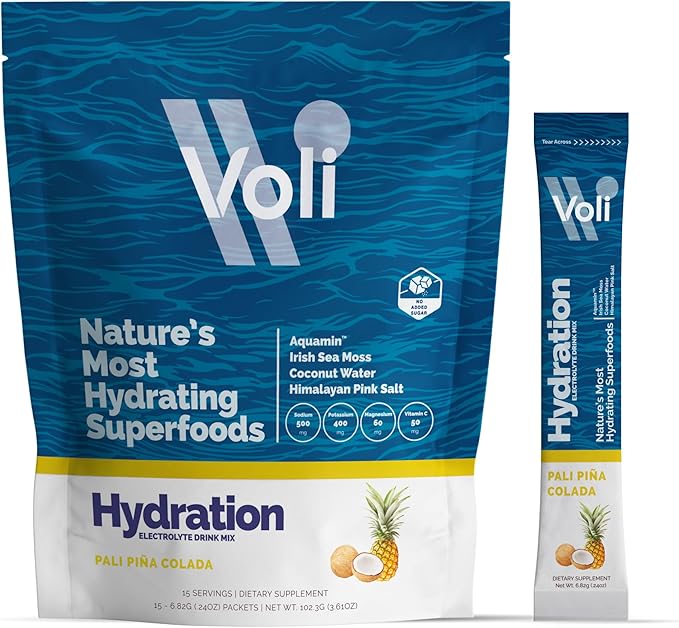 Voli Electrolytes Powder Packets | No Added Sugar Electrolyte Drink Mix for Hydration | Keto & Fasting Friendly, Natural Superfoods & Minerals | Pina Colada, 15-Count