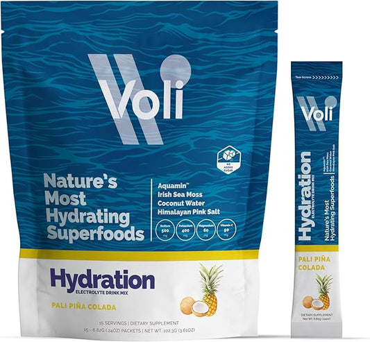 Voli Electrolytes Powder Packets | No Added Sugar Electrolyte Drink Mix for Hydration | Keto & Fasting Friendly, Natural Superfoods & Minerals | Pina Colada, 15-Count