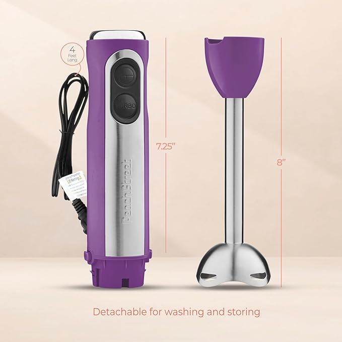Powerful Immersion Blender, Electric Hand Blender 500 Watt with Turbo Mode, Detachable Base. Handheld Kitchen Gadget Blender Stick for Soup, Smoothie, Puree, Baby Food, 304 Stainless Steel Blades