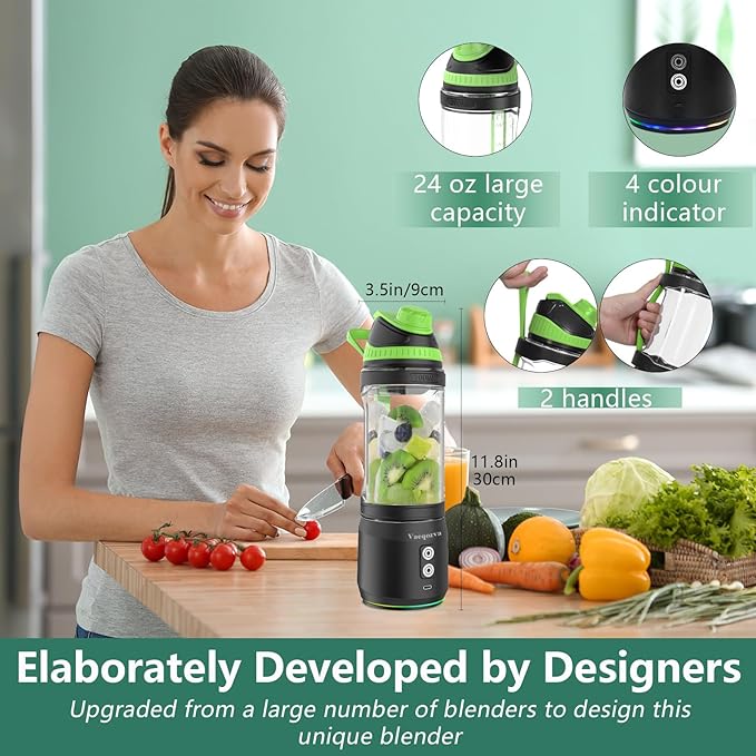 Portable Blender for Shakes and Smoothies, 24oz Travel Blender 300Watt on the Go Blender USB Rechargeable Personal Blender with a Travel Lid & BPA Free Bottle(Green Cap Black Body)