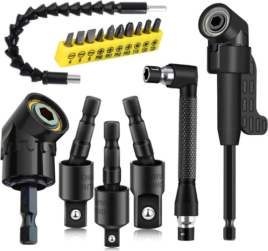 17Pcs Flexible Drill Bit Extension, Include 3Pcs Rotatable Socket Adapter 2Pcs Hex Shank 105° Right Angle Drill Attachment 10 Short Screwdriver Bits 90° Angled Bits and Bendable Extension
