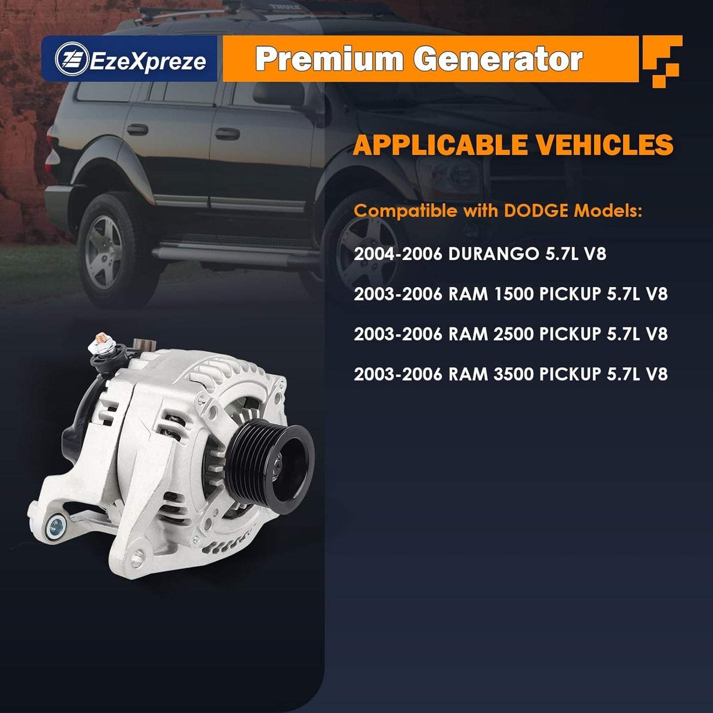 Ezexpreze 13988 New Alternator Compatible with Dodge Durango 5.7L V8 2004-2006 RAM 1500/2500/3500 PICKUP 5.7L V8 2003-2006 421000-0210 160Amp ER