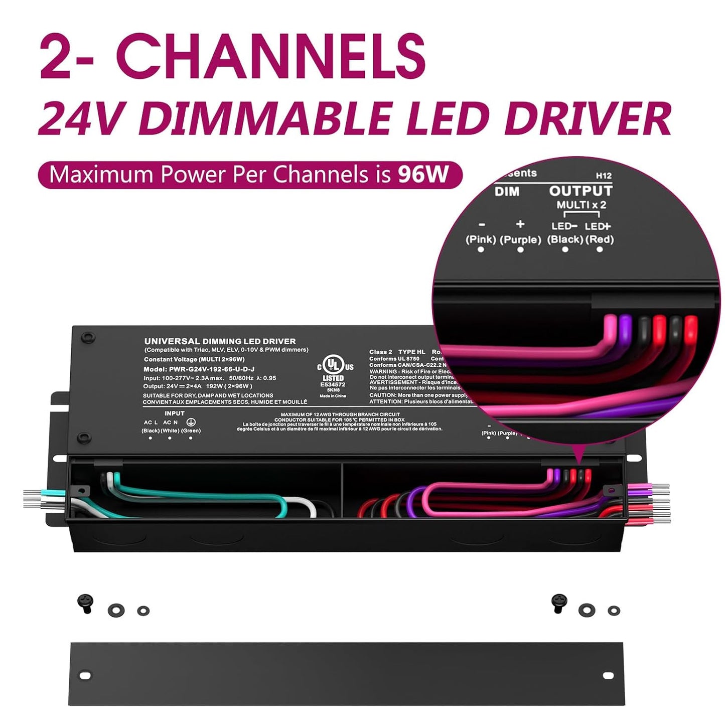 EMITEVER 192W Dimmable LED Driver, 24V 5-in-1 Dimmable Power Supply,2-Channels AC to DC Transformer for LED Light, Compatible with Lutron and Leviton Dimmer, Waterproof IP67 and UL Listed, Class 2