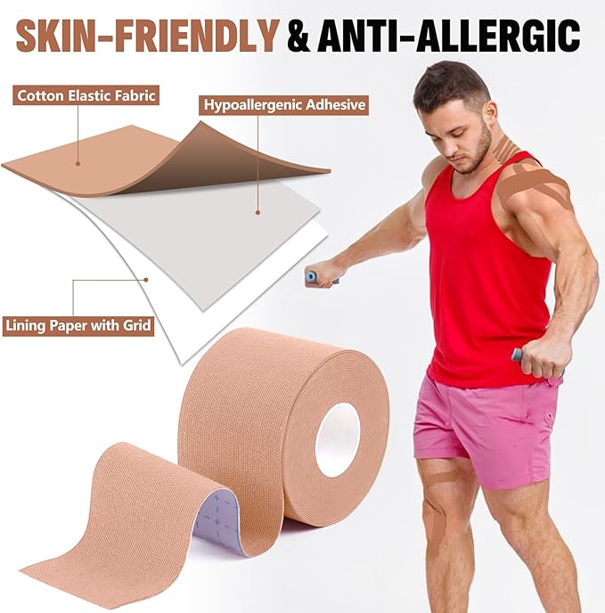 5 Rolls Kinesiology Tape, 2 inch x 16.4 Feet Waterproof Athletic Tape, Uncut Kinetic Tape, Muscle Tape, Sports Tape, Knee Tape for Exercise and Daily Use - Skin Color