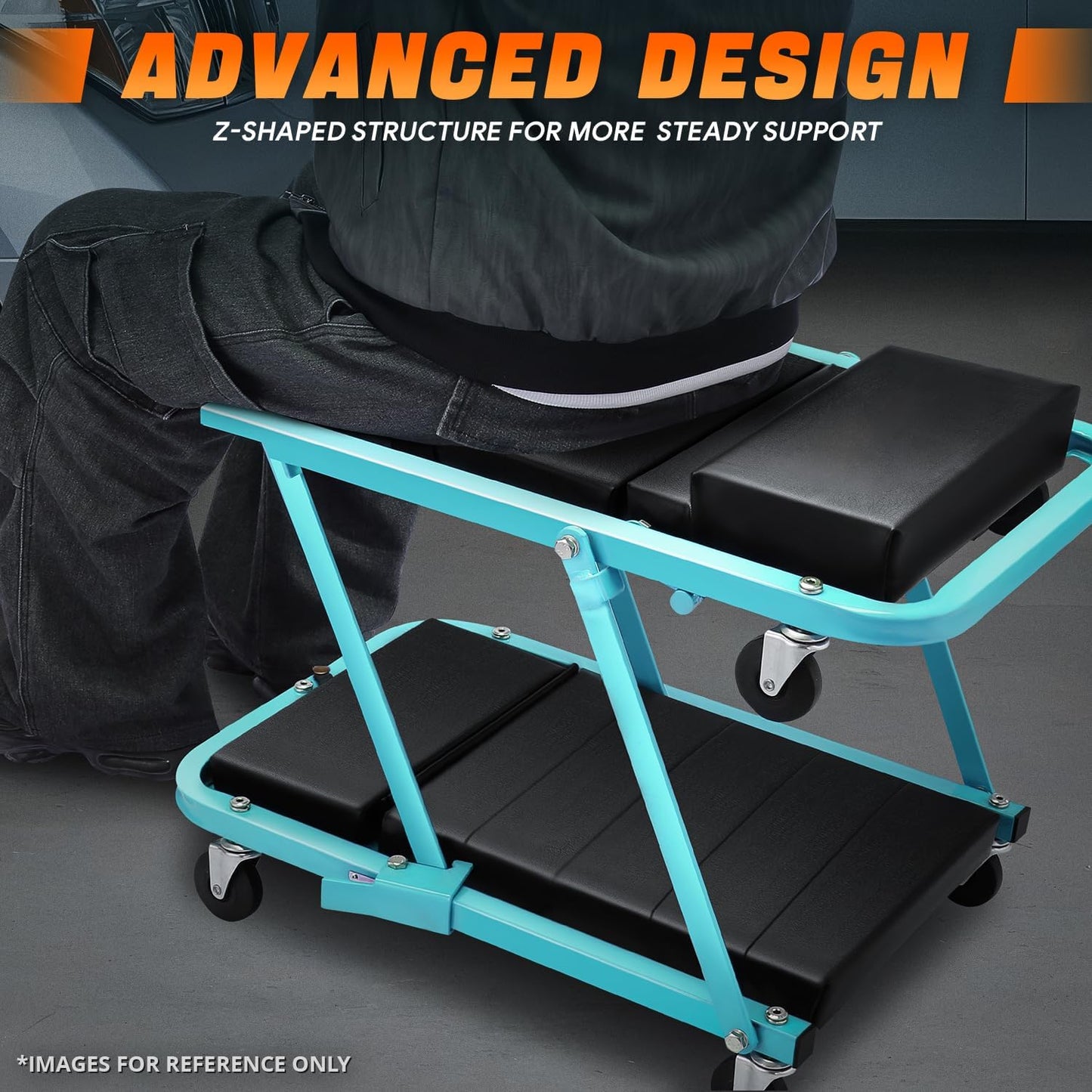 DNA MOTORING 48" 2 IN 1 Folding Rolling Garage Shop Creeper Roller Seat, 7 Pcs 2" Casters, 350 Lbs Weight Capacity, Tiffany Blue, TOOLS-00193-TB