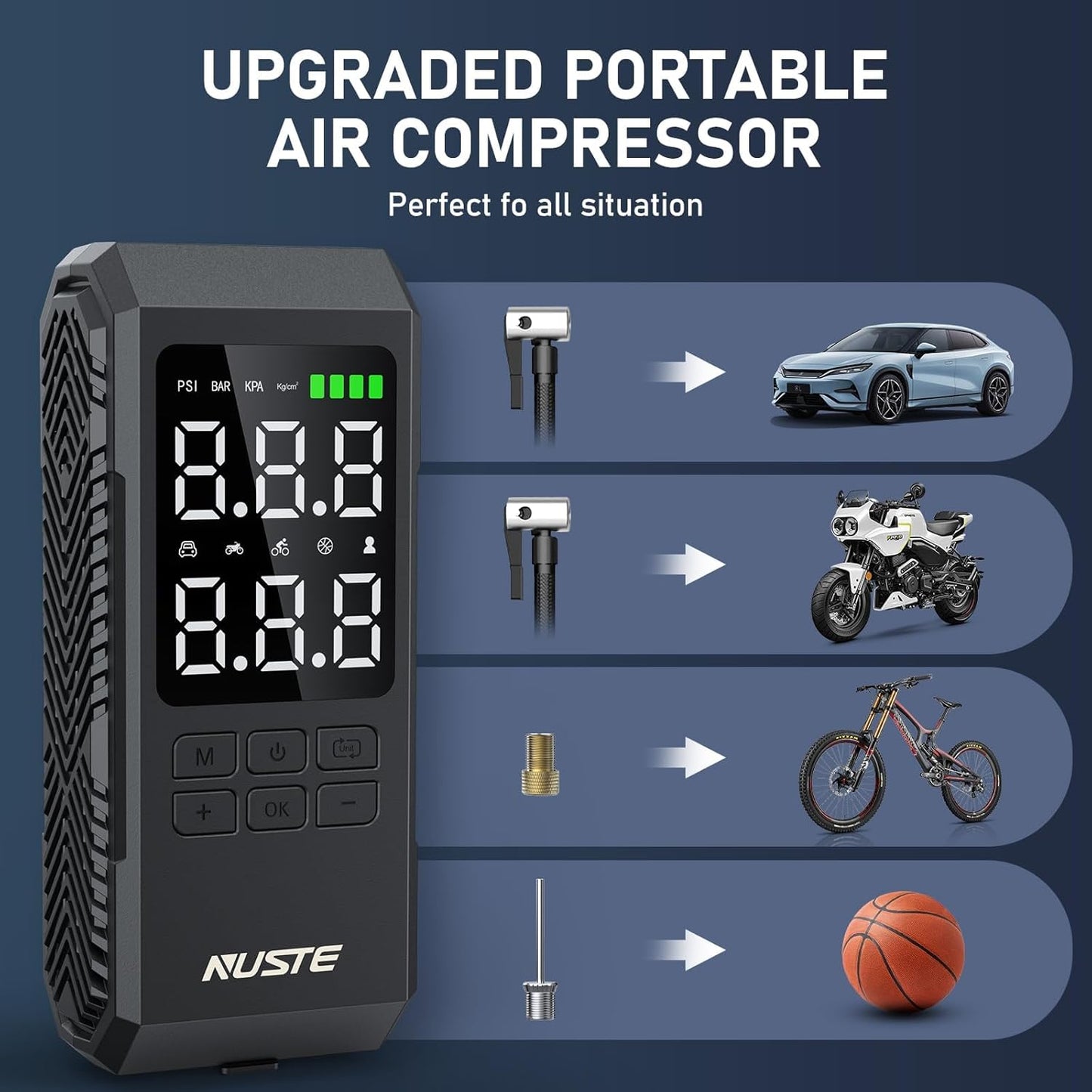 Tire Inflator Portable Air Compressor, Air Pump for Car Tires with Digital Pressure Gauge, 150PSI Rechargeable Battery, LED Light, Cordless Bike Tire Pump for Car, Motorcycle, Bicycle