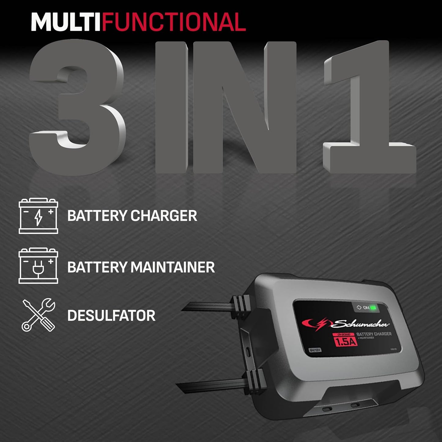 Schumacher Electric On-Board Battery Charger and Maintainer, 3-in-1, SC1587, 1.5 Amps, 6 Volt, 12 Volt, Fully Automatic, Mounts Under Hood, for Car, Truck, and Large Vehicle Batteries