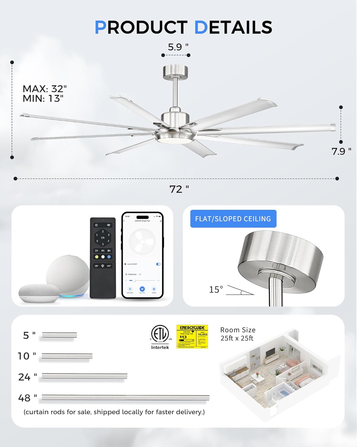72 Inch Bruehed Nickel Ceiling Fan With Light,Smart Fan Work With Alexa,Industrial Ceiling Fan With 8 Aluminium Metal Blades,Ideal for Courtyard,Patio and Living Room,CF04BN-72