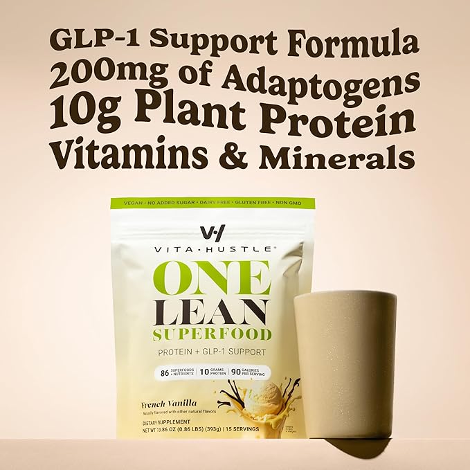 VitaHustle ONE Superfood Lean Protein Powder, All-in-One Nutrition Shake, 10g Plant Protein, Multivitamins, Ashwagandha, Low Calorie, Postbiotics, 15 Servings