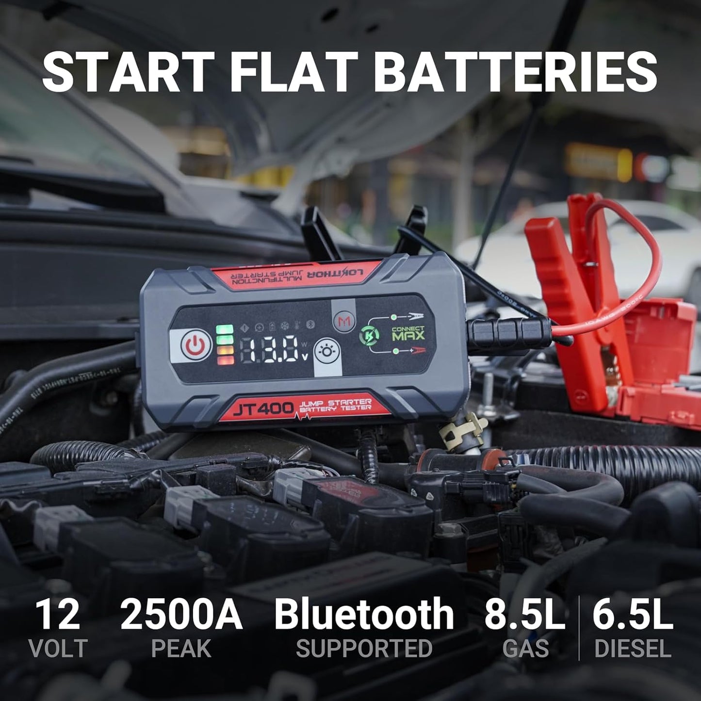 JT400 Jump Starter and Battery Tester, 2500A 12V Car Jumper Starter Portable (8.5L Gas/6.5L Diesel Engines), 100-2000 CCA Bluetooth Car Battery Tester Alternator Tester, Smart Digital Screen