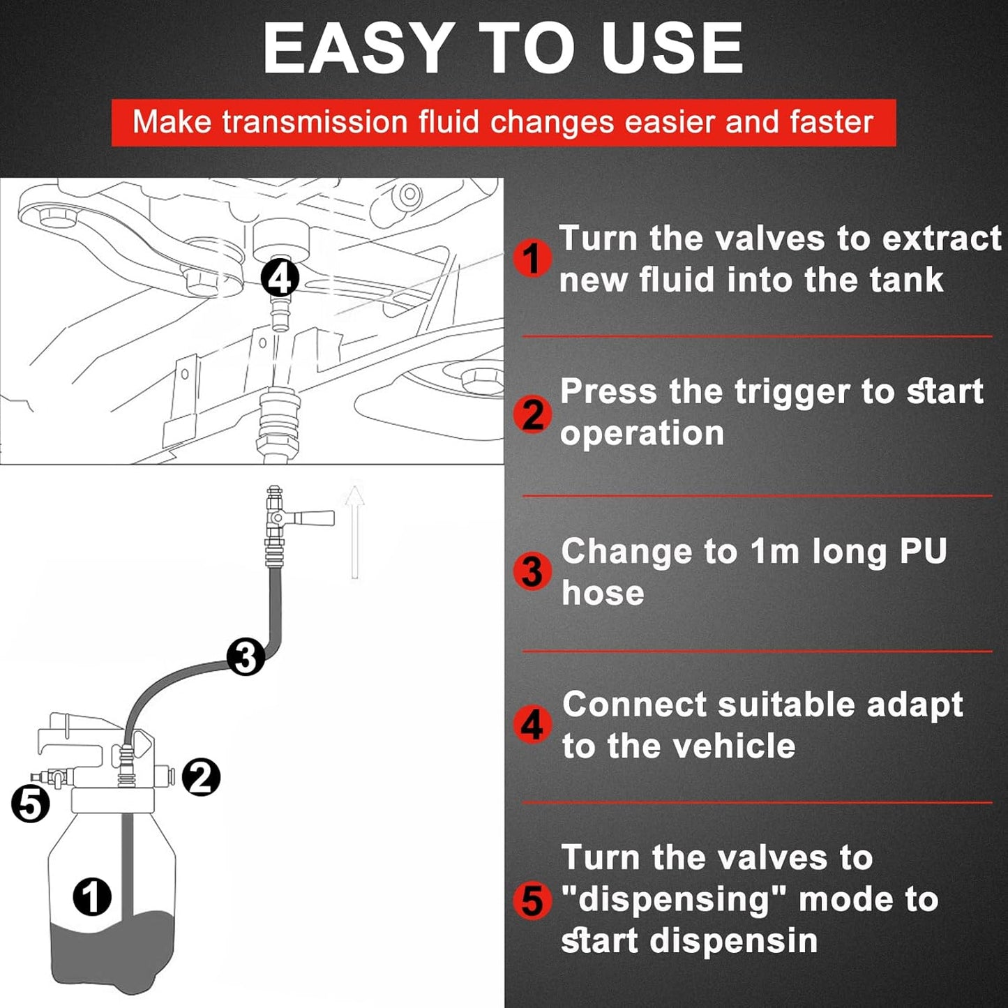 Transmission Fluid Pump Pneumatic Extractor and Dispenser Tool Kit, 8L ATF Fill and Evacuator Oil Can Set with 15PCS ATF Adapters 3PCS 1M Transmission Oil Hose for Garage and Shop Fluid Transfer