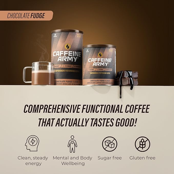 CAFFEINE ARMY Chocolate Fudge | Comprehensive Functional Coffee with MCTs, CoQ10, Collagen and Adaptogens: Clean Energy + Supports Daily Attention, No Jitters or Crash (7.8 oz 22 Servings)