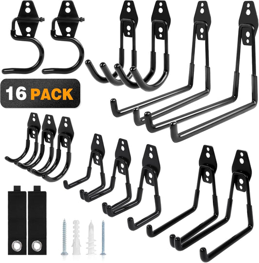 Steel Garage Storage Hooks, 16-Pack, Heavy Duty Wall Mount Hooks for Bike, Ladder, Garden Tools, Anti-Slip Coating